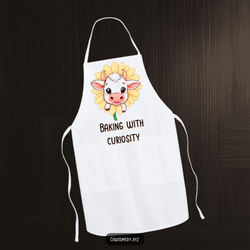 Funny kawaii cow apron, showing a curious cow’s face peeking from behind a daisy, ideal for kitchen humor.