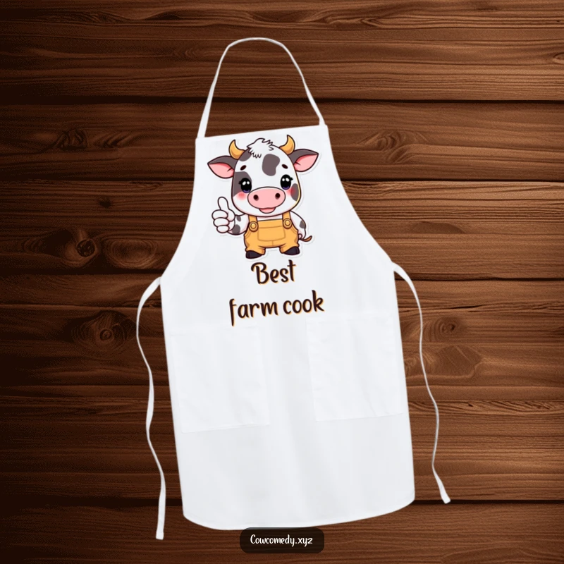 Funny apron featuring a cow in overalls giving a thumbs up, perfect for kitchen tasks and farm-to-table cooking.