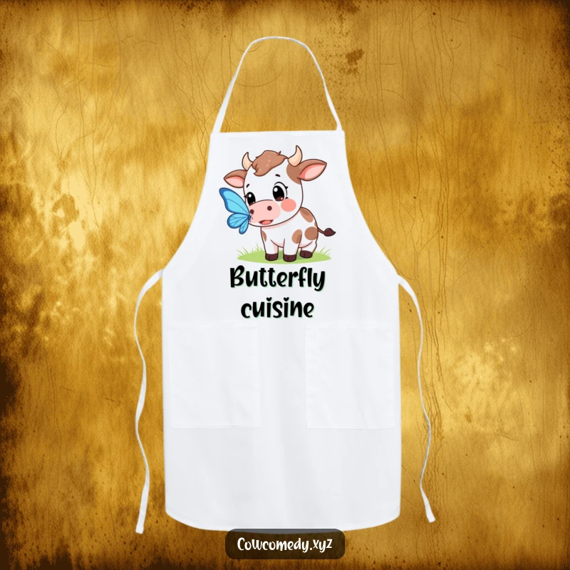 Funny apron showing a Kawaii cow with wide, curious eyes attempting to catch a delicate butterfly in a charming nature scene.