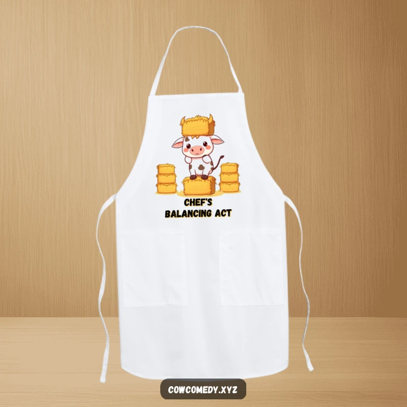 Funny Kawaii Cow Apron, a determined cow balancing hay, perfect for kitchen humor and effort.