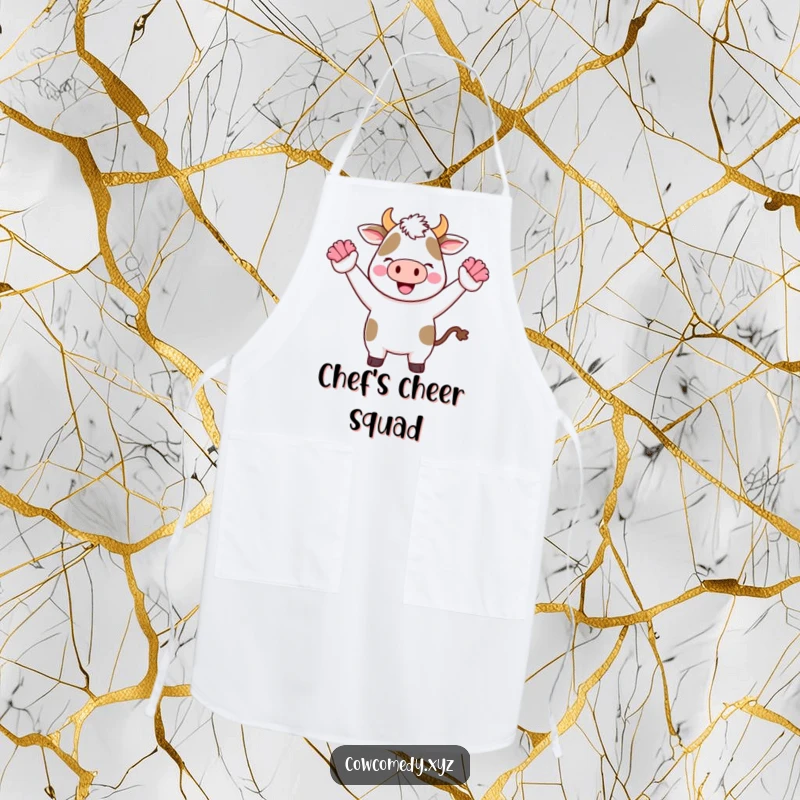 Funny Kawaii Cow Apron featuring a cute cartoon cow cheering with tiny pom-poms, great for enthusiastic chefs.