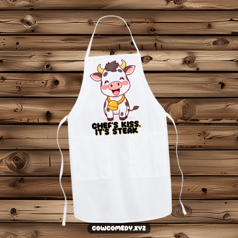 Funny Kawaii Cow Apron, a happy cow with a cowbell ringing, perfect for kitchen fun and humor.