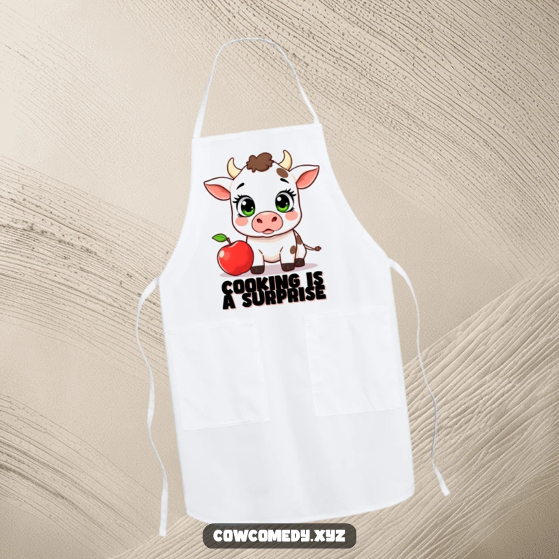 Funny Kawaii Cow Apron, a surprised cow with wide eyes and an apple, perfect for kitchen humor.