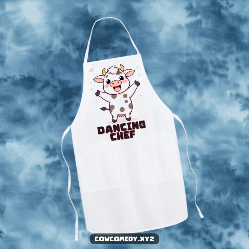 Funny apron showing a Kawaii cow doing a joyful happy dance, with its spots flying around it in a fun, energetic display.