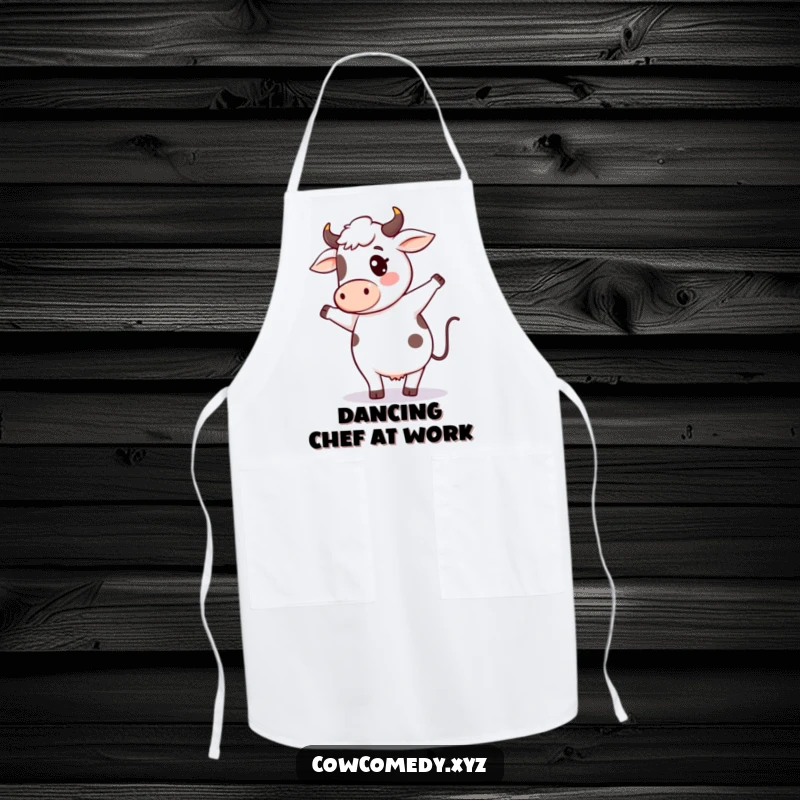 Funny cow dance apron featuring a kawaii cow character performing a playful silly dance while cooking, ideal for humorous kitchen wear.