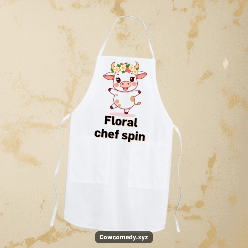Funny Kawaii Cow Apron: Cute cow in a flower crown spinning while cooking, a humorous and festive kitchen accessory.
