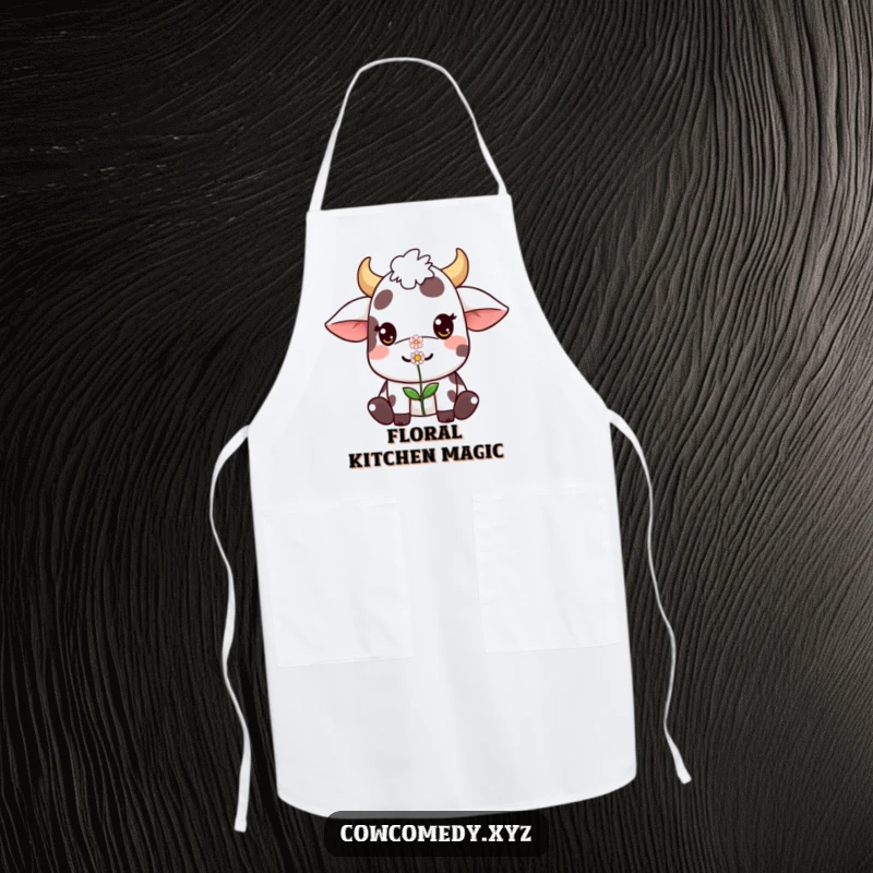 Funny Kawaii cow apron illustrating a cute character balancing a small flower on its nose, adding a touch of humor to the kitchen.