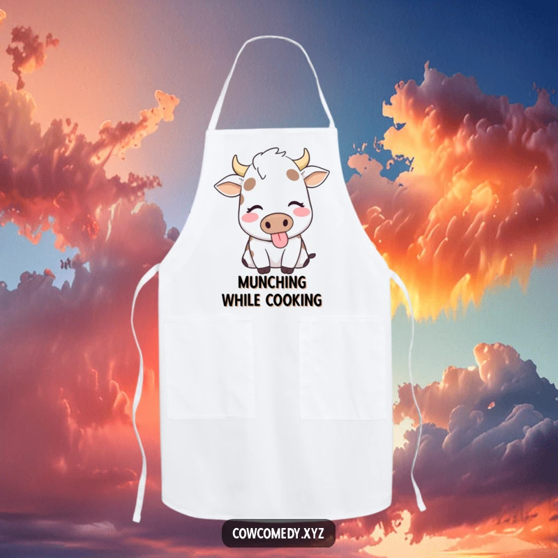 Funny apron featuring a content cow with eyes closed, happily chewing food, perfect for serene kitchen tasks.