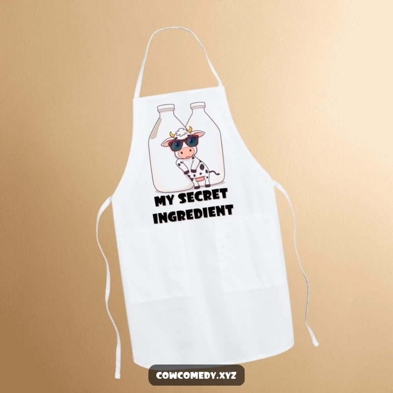 Funny apron featuring a cow in sunglasses leaning on a giant milk jug, bringing a cool, relaxed, and stylish vibe to kitchen duties.