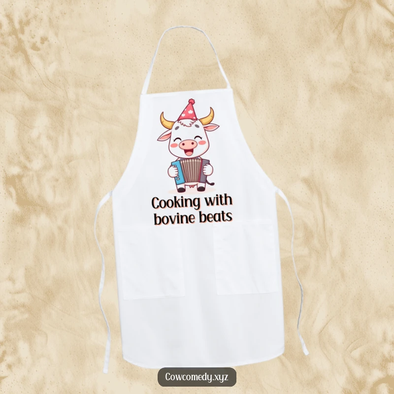 Funny apron with a cheerful cow wearing a party hat, joyfully playing a tiny accordion, perfect for kitchen fun.