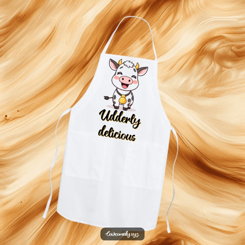 Funny cow with a bell around its neck wiggles joyfully, featured on this amusing and practical kitchen apron.