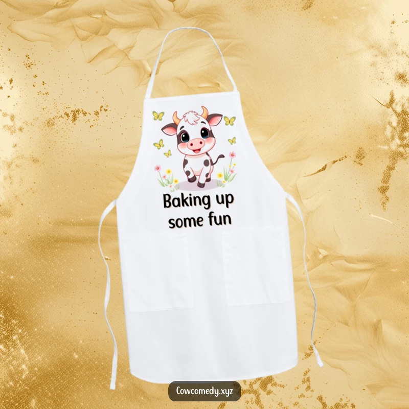 Funny apron featuring a happy cow energetically chasing butterflies through a sun-drenched meadow, making kitchen tasks a delightful, playful experience.