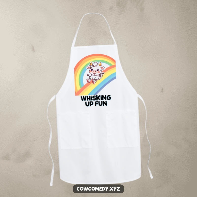 Funny cow apron, a happy cow sliding down a rainbow with a smile, perfect for humorous cooking adventures.