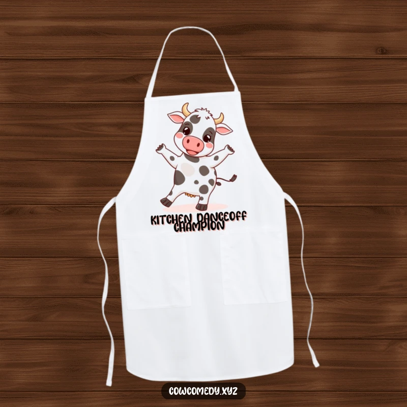 Funny apron with a happy cow doing a silly dance, its spots bouncing rhythmically, perfect for kitchen fun.