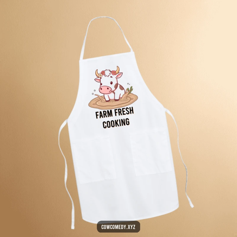 Funny apron showcasing a cow splashing in a mud puddle with flowers on its horns, perfect for cooks who love a rustic touch.