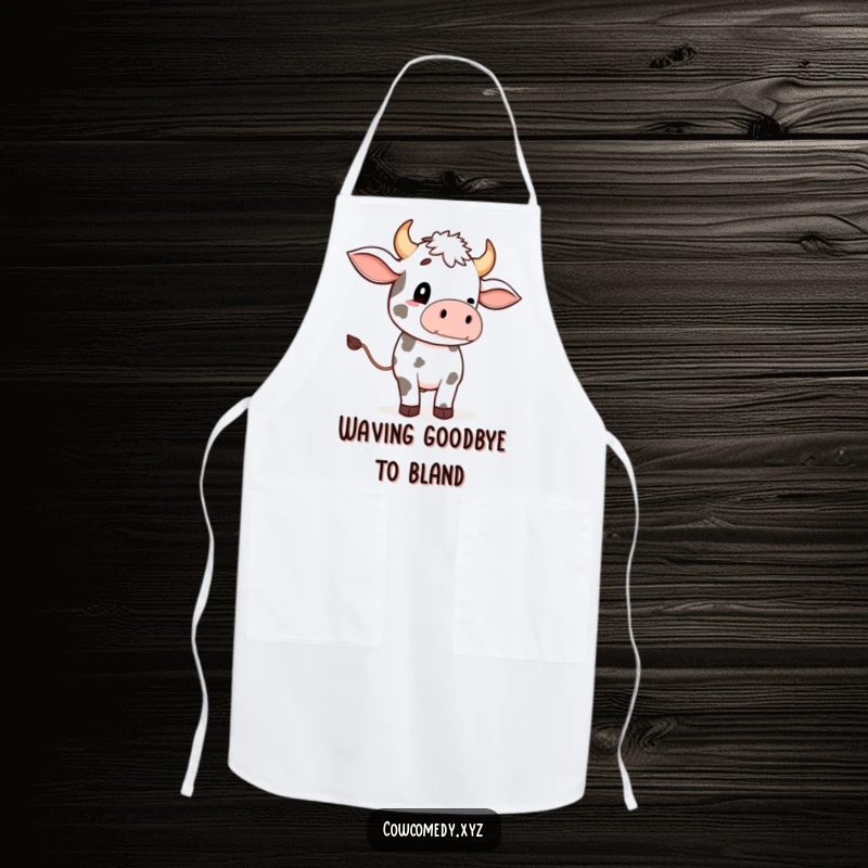 Funny apron featuring a playful cow character doing an exaggerated tail wave, perfect for adding humor to cooking.