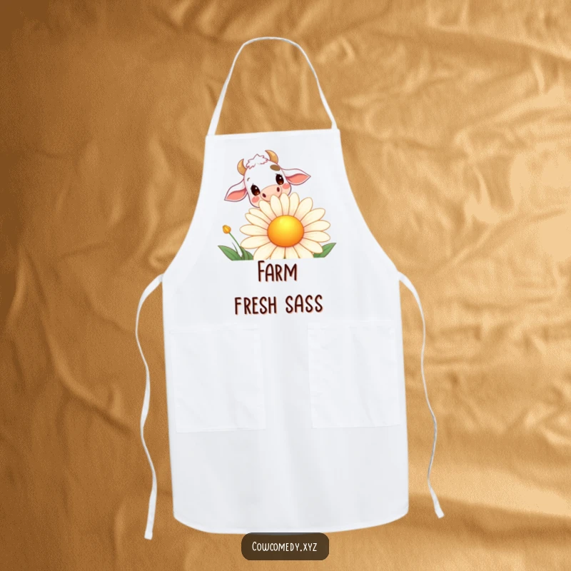 Funny apron featuring a curious cow peeking over a big, smiling daisy, perfect for kitchen humor and culinary fun.