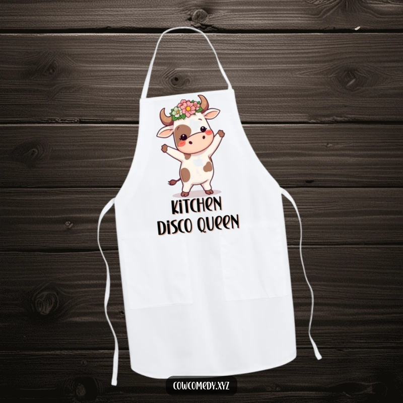 Funny cow wearing a flower crown, doing a silly dance, on a kitchen apron, for humorous and playful cooking.