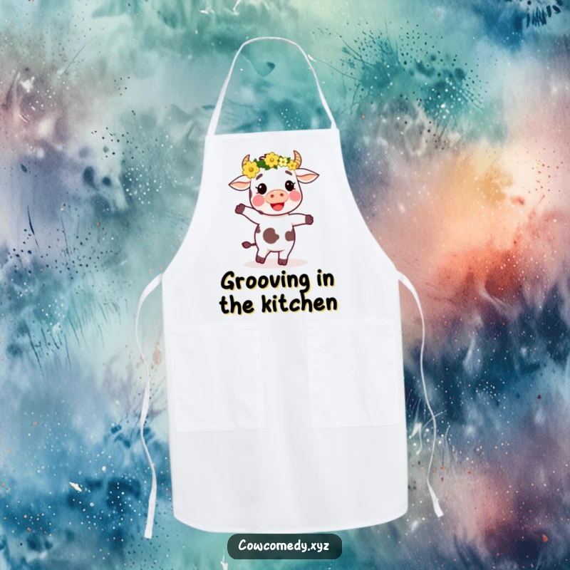 Funny apron showing a cow adorned with a flower crown, dancing gleefully, ready to add fun to any kitchen task.