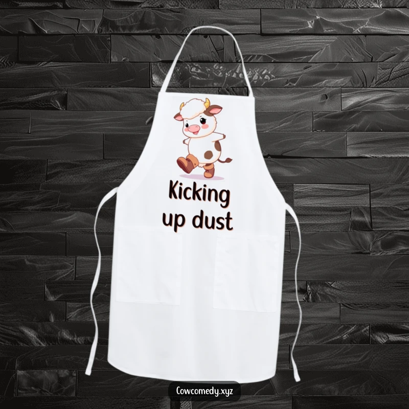 Funny Fluffy Cow Apron: A fluffy cow character wearing oversized boots, happily kicking its legs in the kitchen.