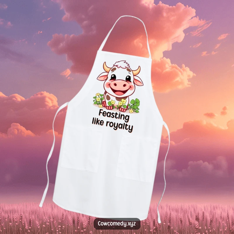 Funny apron showcasing a cow with a huge, happy grin eating a bunch of clover, perfect for a cheerful kitchen.