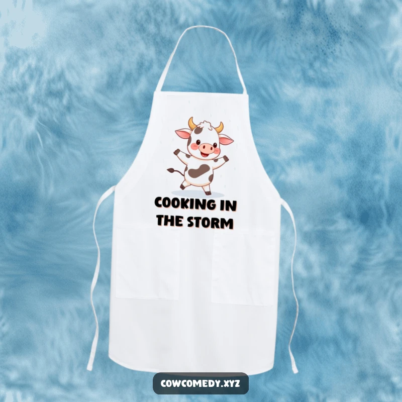 Funny apron featuring a happy cow joyfully dancing in the rain with a broad smile, making kitchen tasks a delight with pure cheer.