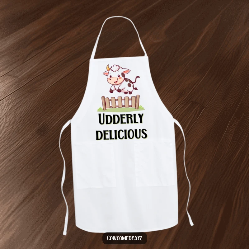 Funny apron with a happy cow mid-jump, playfully leaping over a small fence.