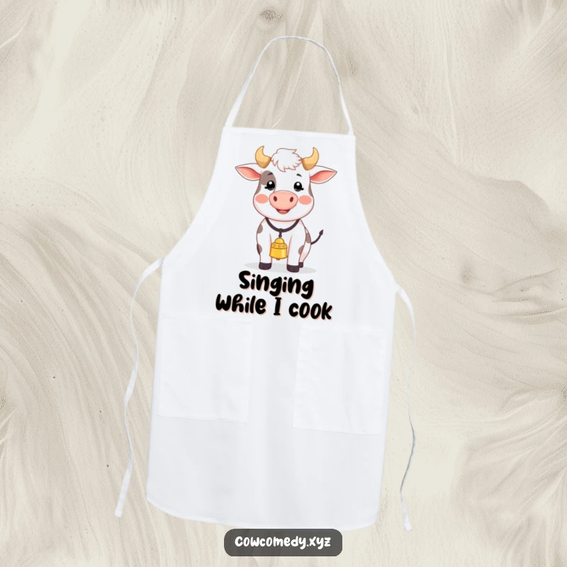Funny apron depicting a joyous cow with a bell, singing a cheerful tune, ready to make meal prep a musical delight.