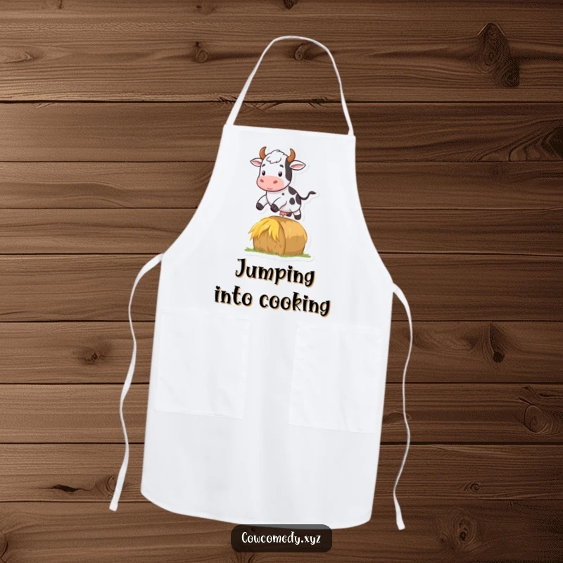 Funny apron featuring a cow jumping over a hay bale, perfect for adding energy to kitchen activities.