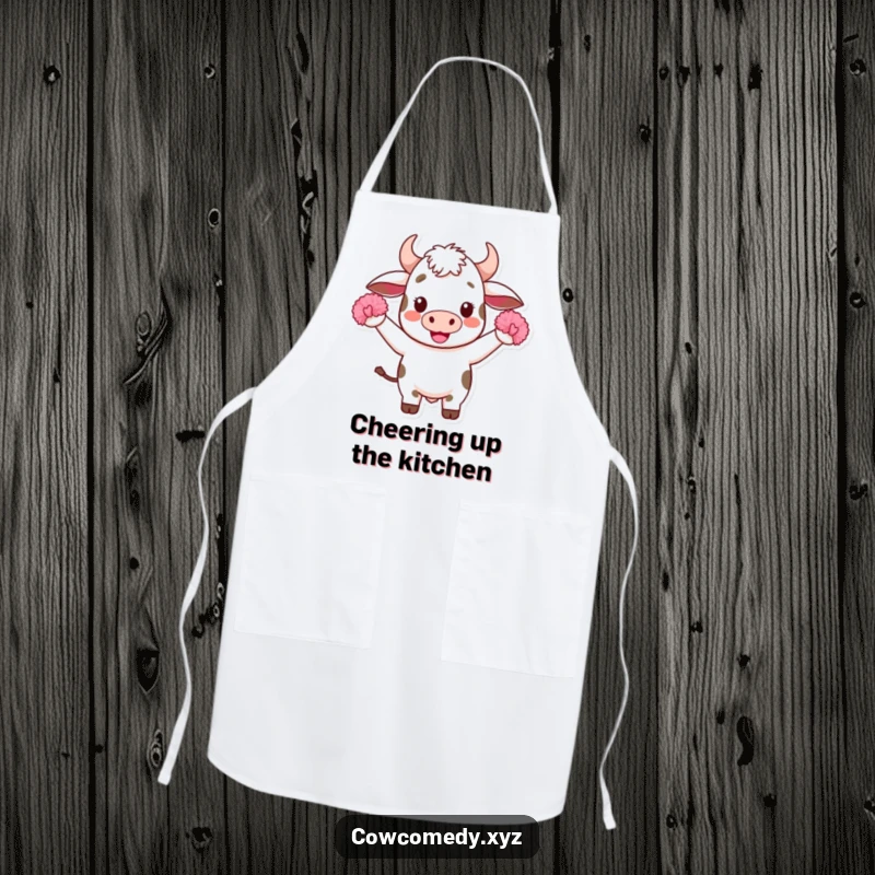 Funny Kawaii Cow Apron: A fun apron with a cheering Kawaii cow holding pom-poms, perfect for cooking, baking, or hosting with a humorous touch.