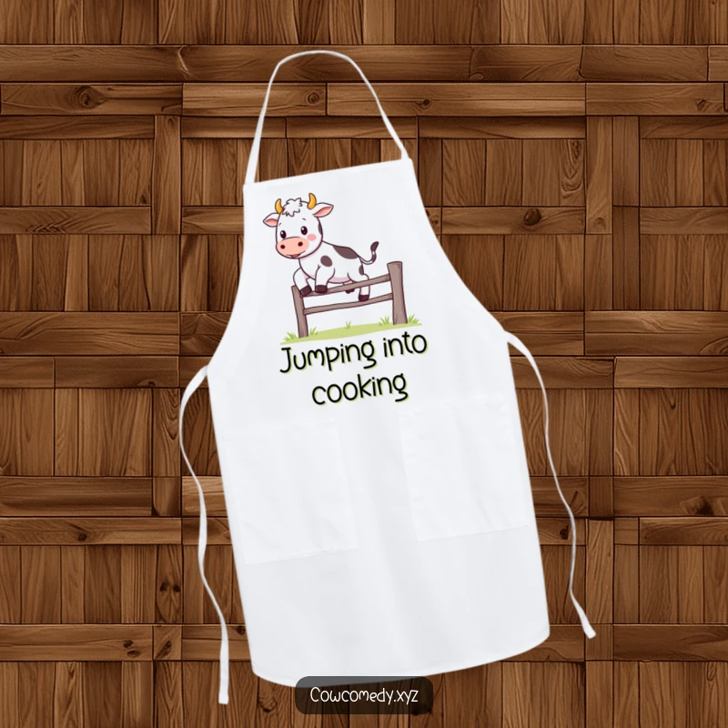 Funny Kawaii cow apron illustrating a cute character happily jumping over a fence, adding a touch of humor to the kitchen.