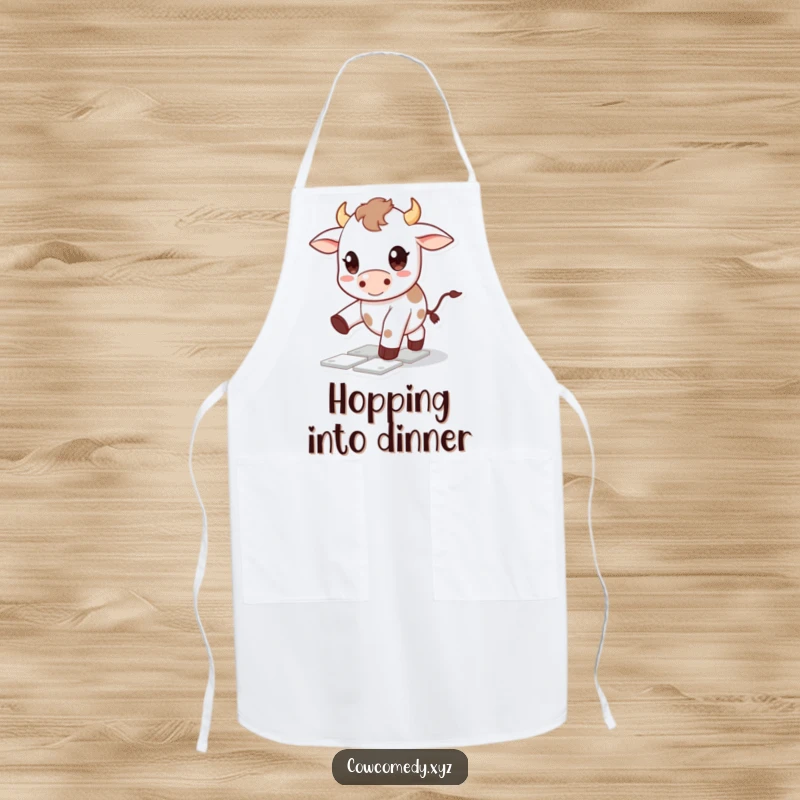 Funny Kawaii cow apron illustrating a cute character with big happy eyes playing hopscotch, adding a touch of humor to the kitchen.