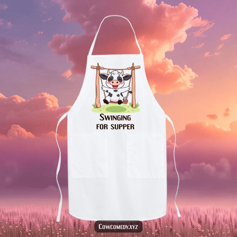 Funny Kawaii cow apron illustrating a cute character enthusiastically swinging on a rope swing, adding humor to the kitchen.
