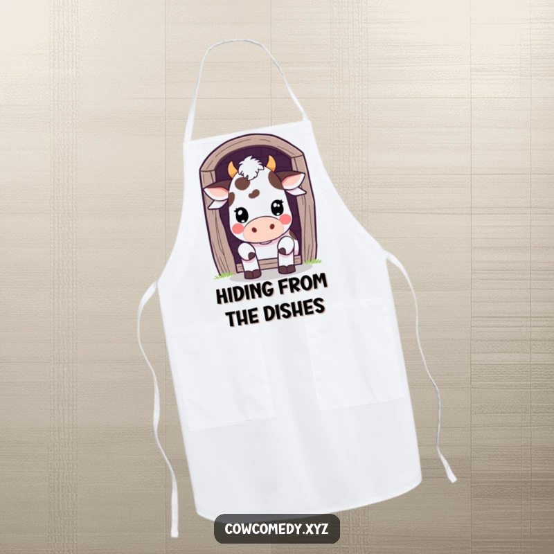 Funny Apron: A Kawaii cow peeks playfully from behind a barn door, adding humor to your culinary creations.