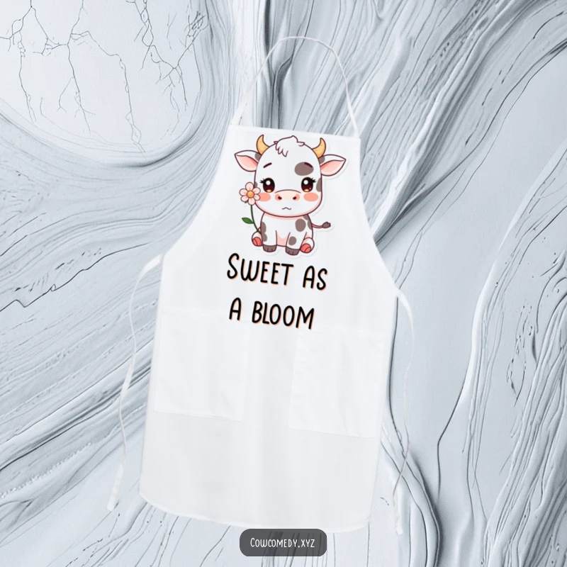 Funny Kawaii cow blushing with a flower behind its ear apron, bringing sweet humor to the kitchen.