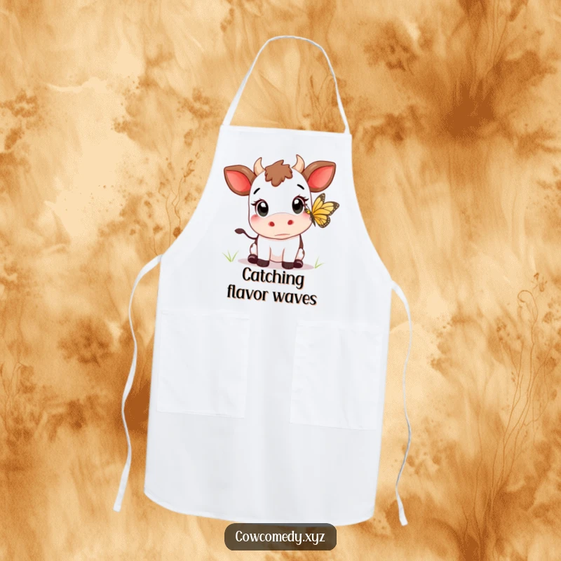Funny Kawaii cow with wide eyes, reaching for a butterfly, on a charming kitchen apron, for cooks.
