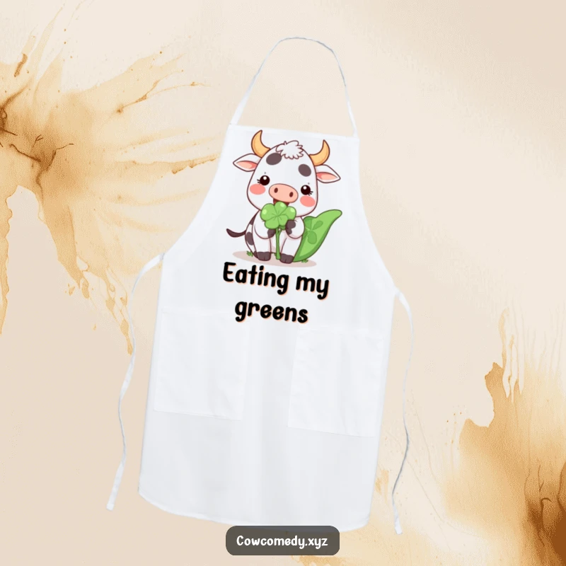 Funny Kawaii Cow Apron featuring a cute cartoon cow happily munching on a giant clover, great for lucky chefs.