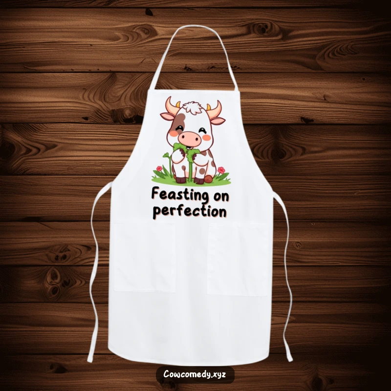 Funny Apron: A Kawaii cow happily munches on a giant clover, adding good luck to your culinary creations.