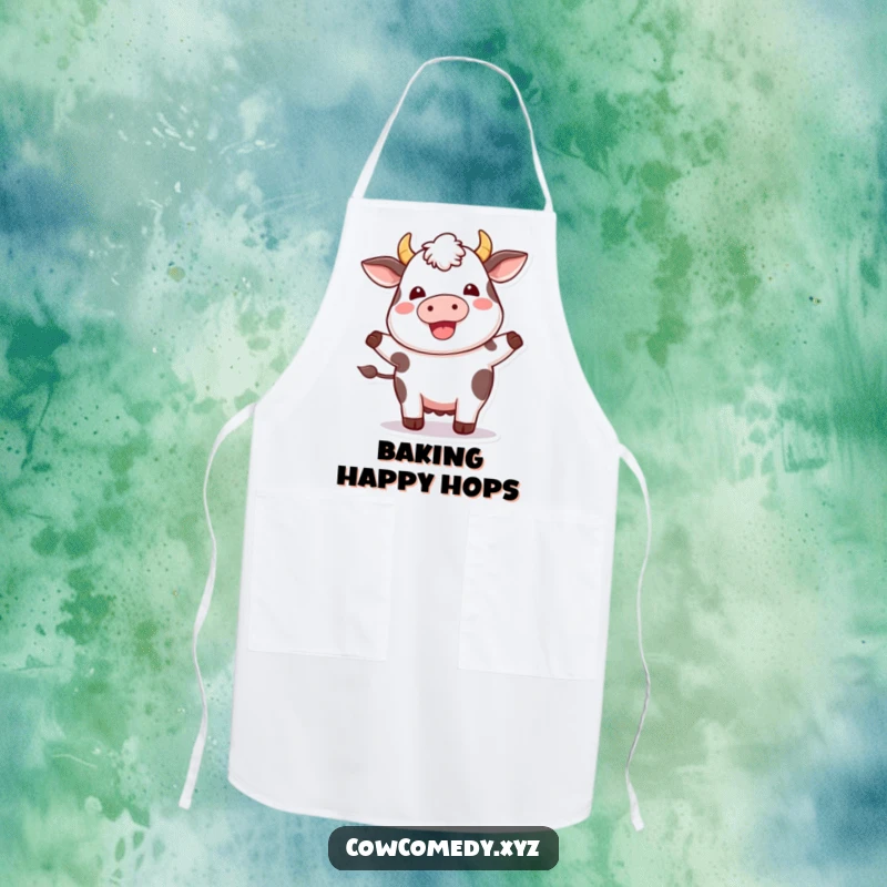 Funny Kawaii Cow Apron: Cute plump cow happily hopping while cooking, a humorous and practical kitchen accessory.