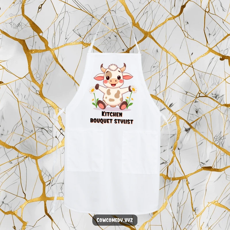 Funny Kawaii Cow Apron: Cute cow juggling flowers while cooking, a humorous and practical kitchen accessory.