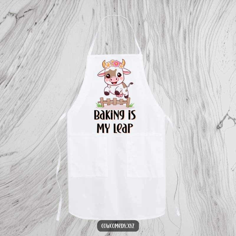 Funny apron with a happy kawaii cow wearing a flower crown, mid-leap over a fence, perfect for humorous kitchen protection.