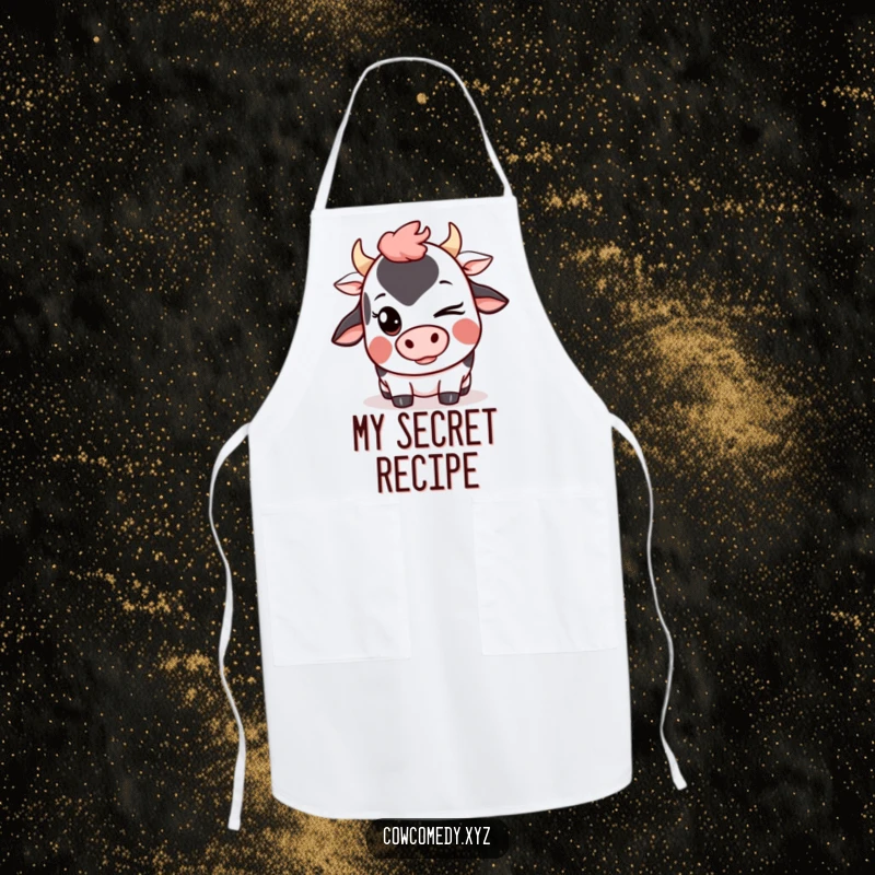 Funny Kawaii Cow Apron featuring a cute cartoon cow winking with a mischievous grin, great for playful chefs.