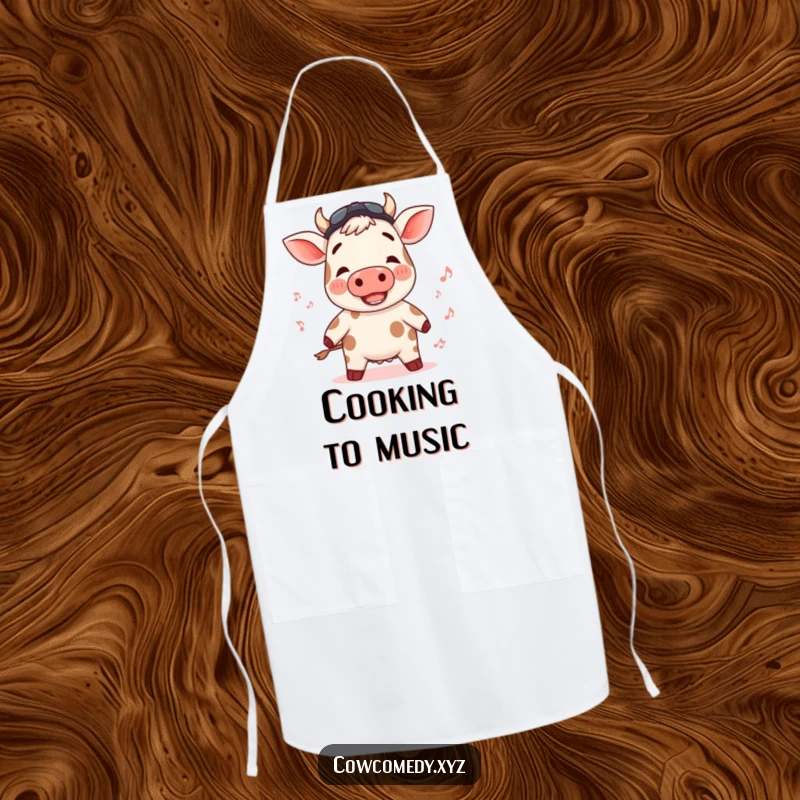 Funny apron with a rosy-cheeked cow bopping to an unheard rhythm, ideal for musical cooks.