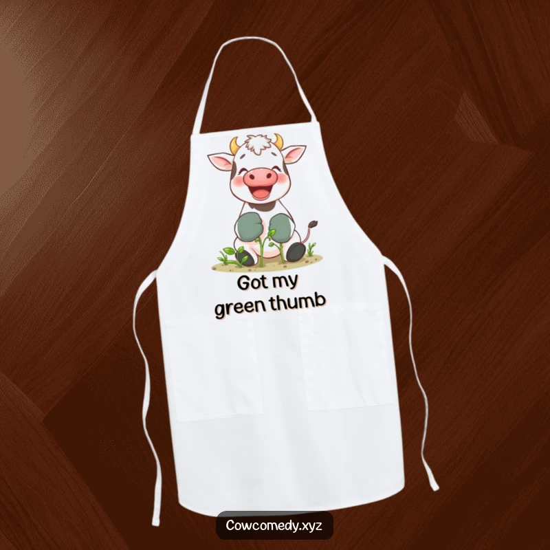 Funny apron with a giggling cow in gardening gloves tending a tiny sprout, ideal for kitchen and garden humor.