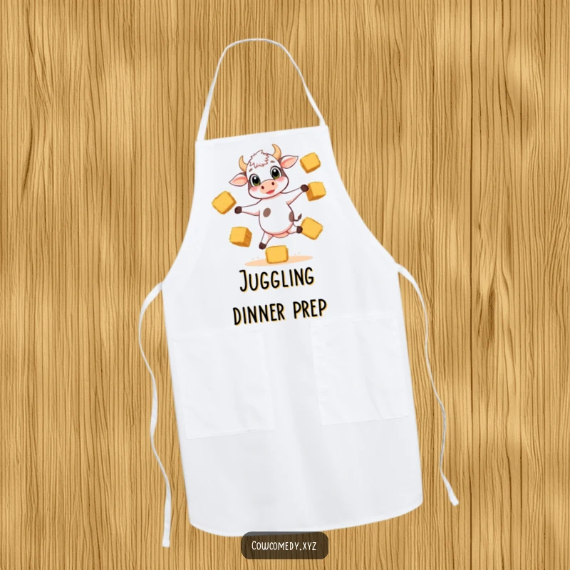 Funny apron with a playful calf balancing on three legs, juggling hay bales, perfect for kitchen fun and farm themes.