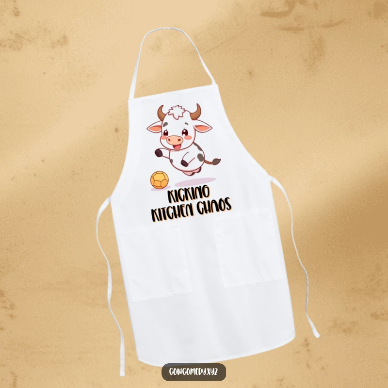 Funny apron featuring a happy cow gleefully kicking a small ball, adding humor to kitchen tasks.