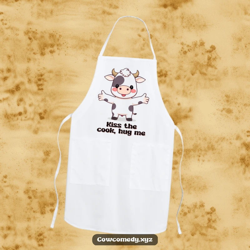 Funny apron featuring a cute cow character with arms open, ready to embrace the cook, bringing joy to the kitchen.