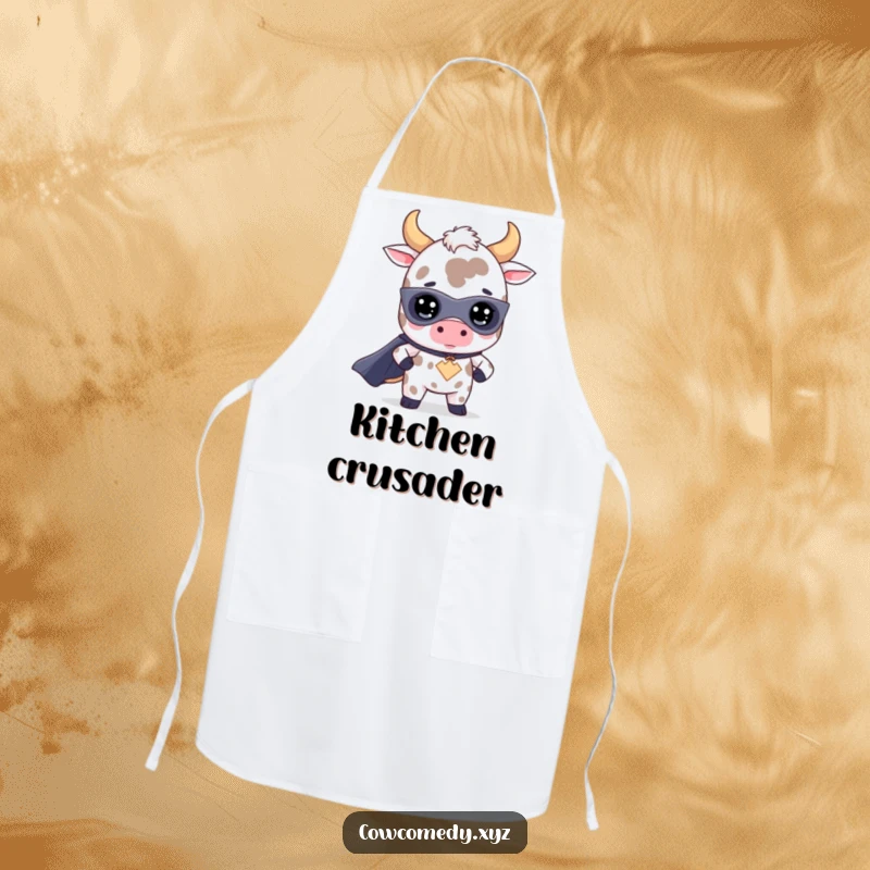 Funny kawaii cow superhero apron featuring a cute bovine dressed as a hero, ready to tackle any dish with culinary courage.