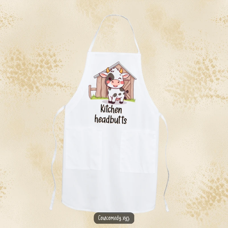 Funny apron showcasing a cow playfully bumping its head against a barn, perfect for a cheerful kitchen.