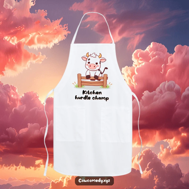 Funny Kawaii cow jumping over a fence apron, bringing energetic humor to the kitchen.